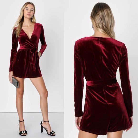 Lulus Romantic Moves Velvet Romper Burgundy Size XL Party Festival Playsuit Boho - Picture 1 of 11